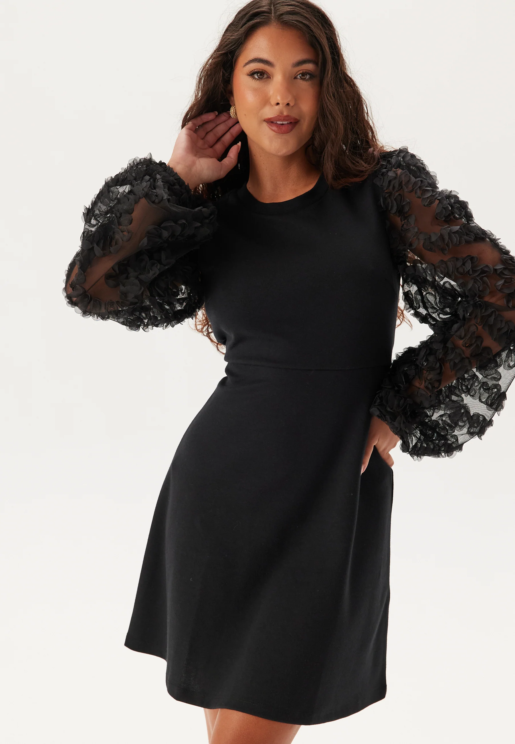 3D Floral Sleeve Short Dress