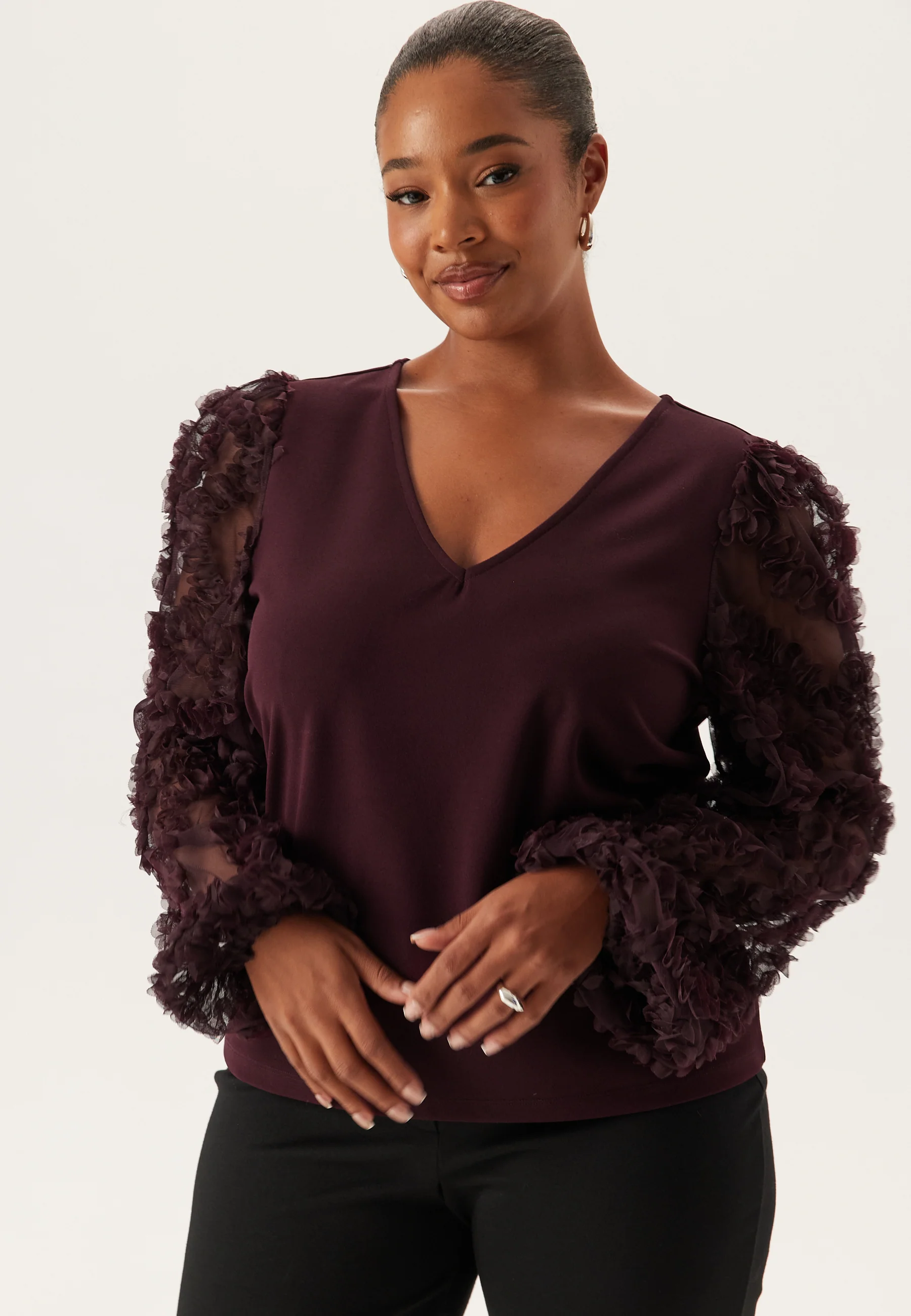 3D Floral Sleeve V-neck Top - Image 5