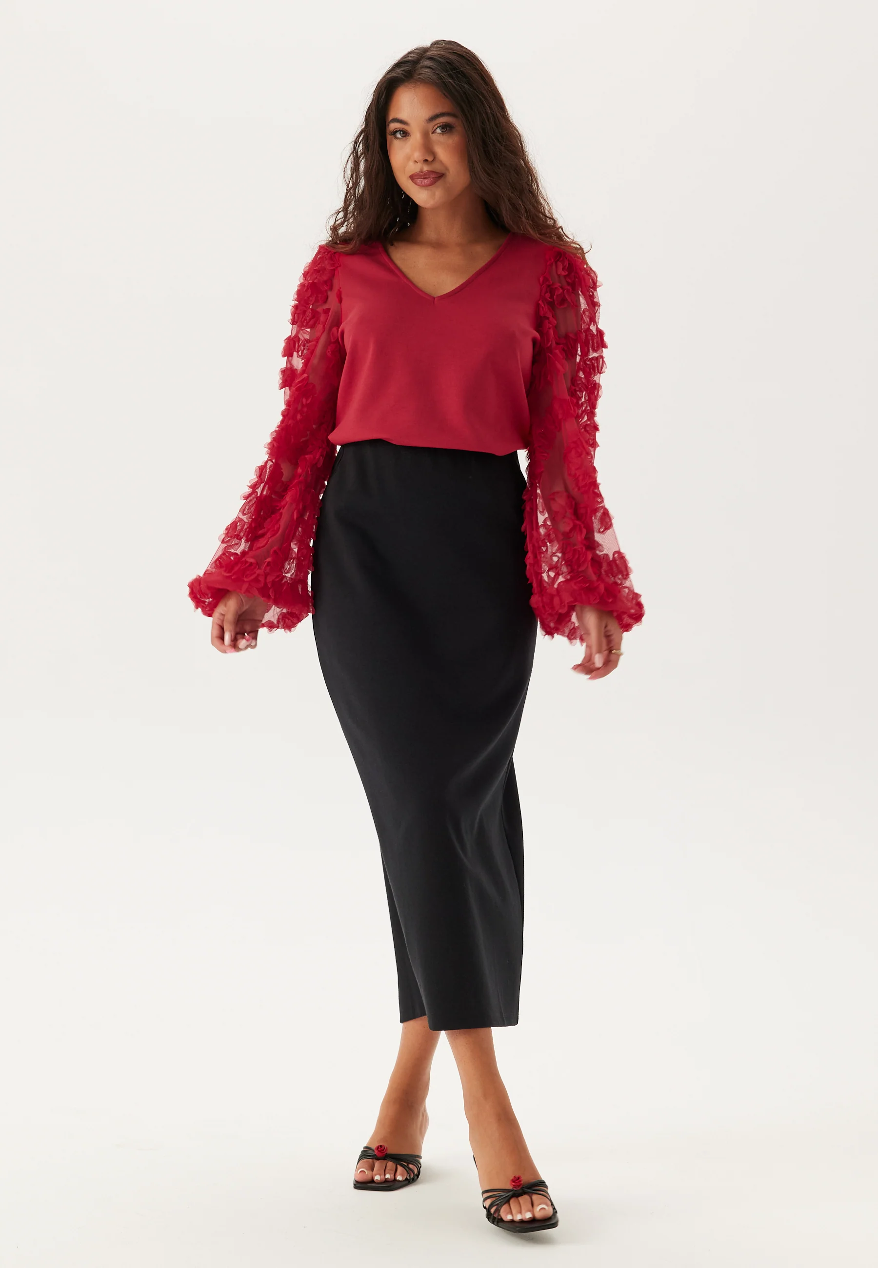 3D Floral Sleeve V-neck Top - Image 3