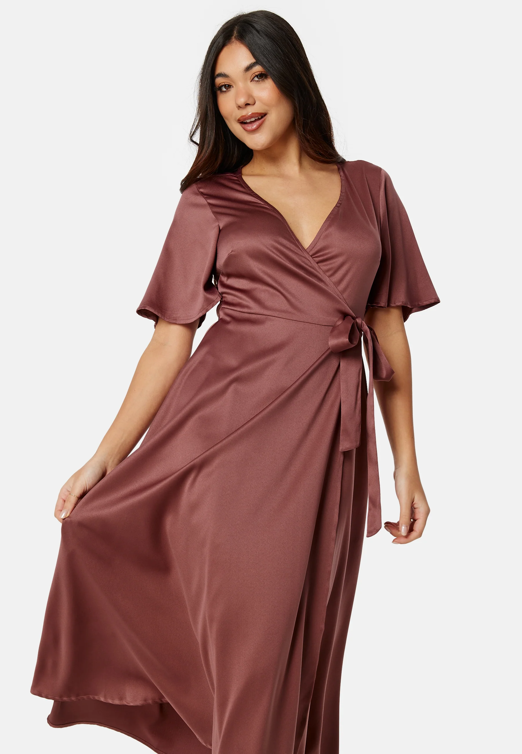 Butterfly Sleeve Wrap Satin Midi Dress - Image 4