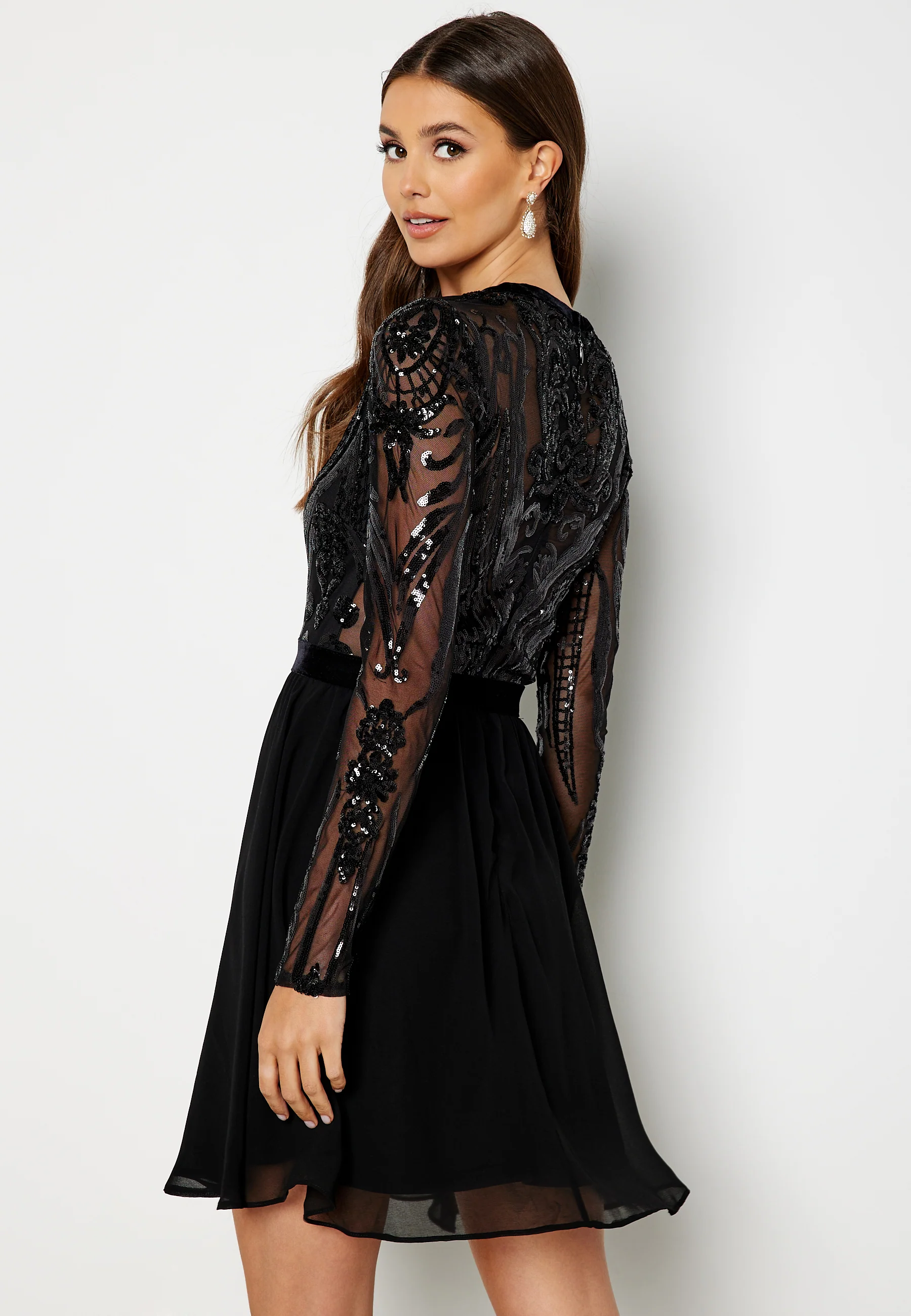 Deep V Sequin Bodice Skater Dress - Image 3