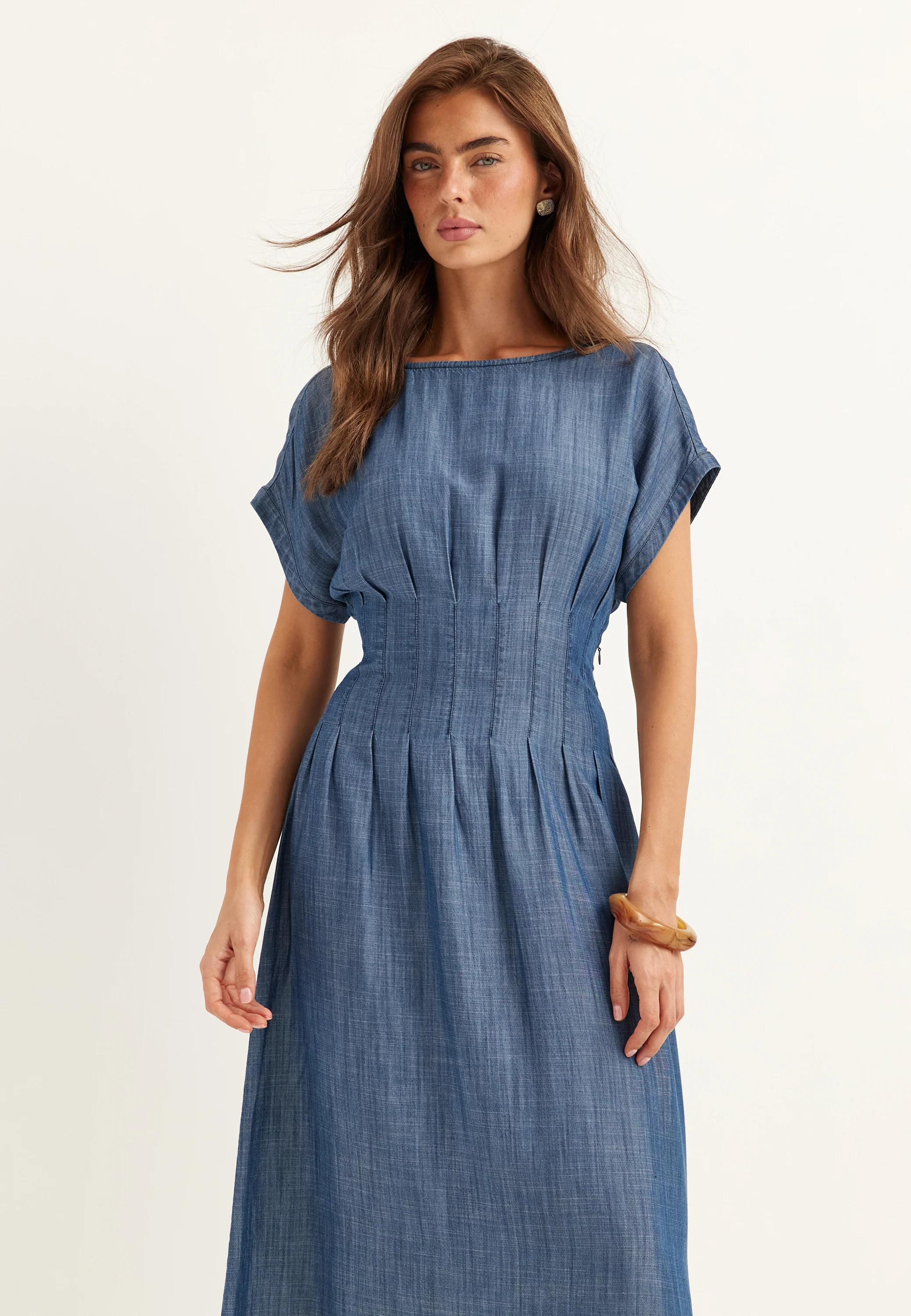 Denim Pleated Midi Dress - Image 2