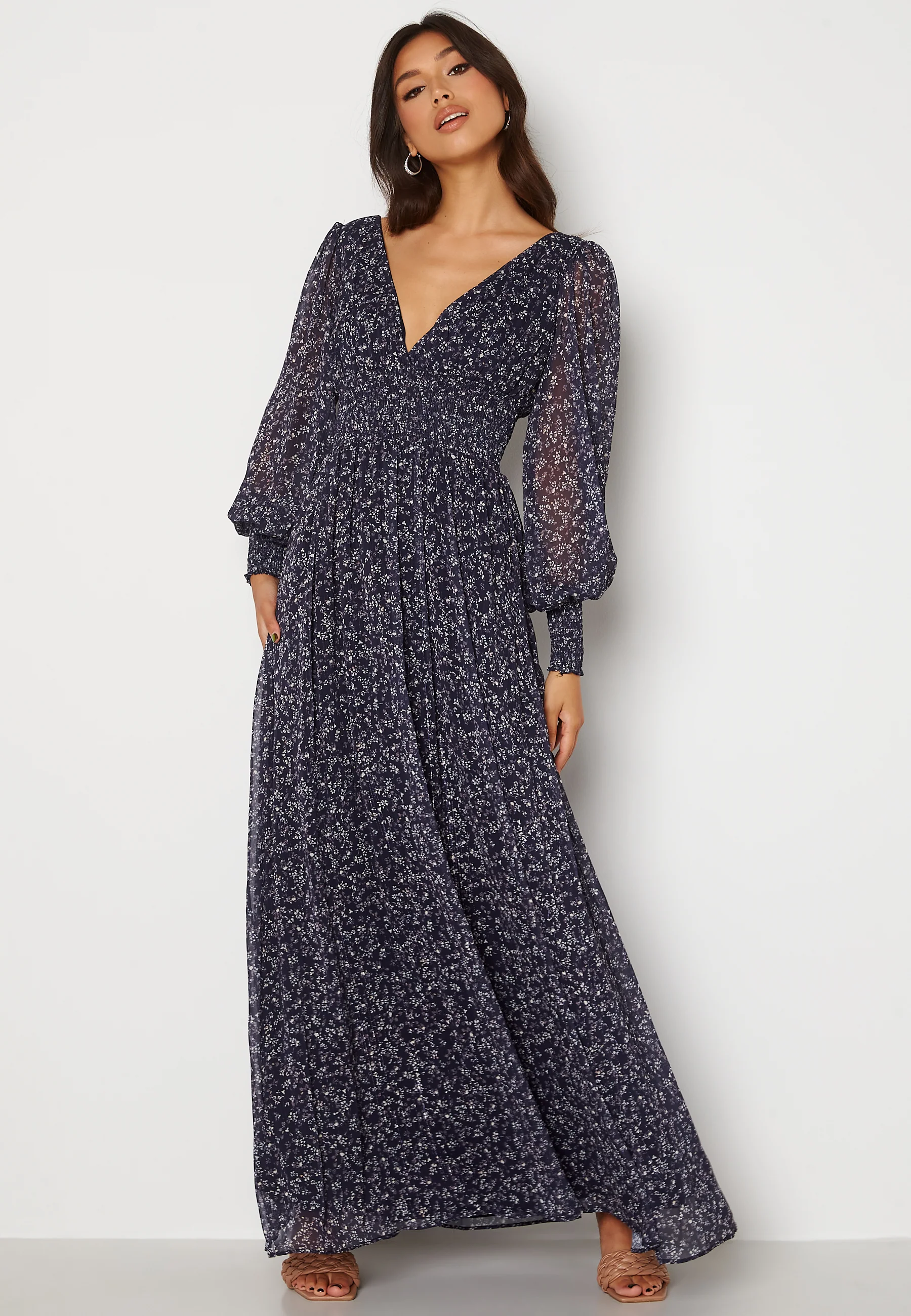 Ditsy Long Sleeve Shirred Maxi Dress - Image 5