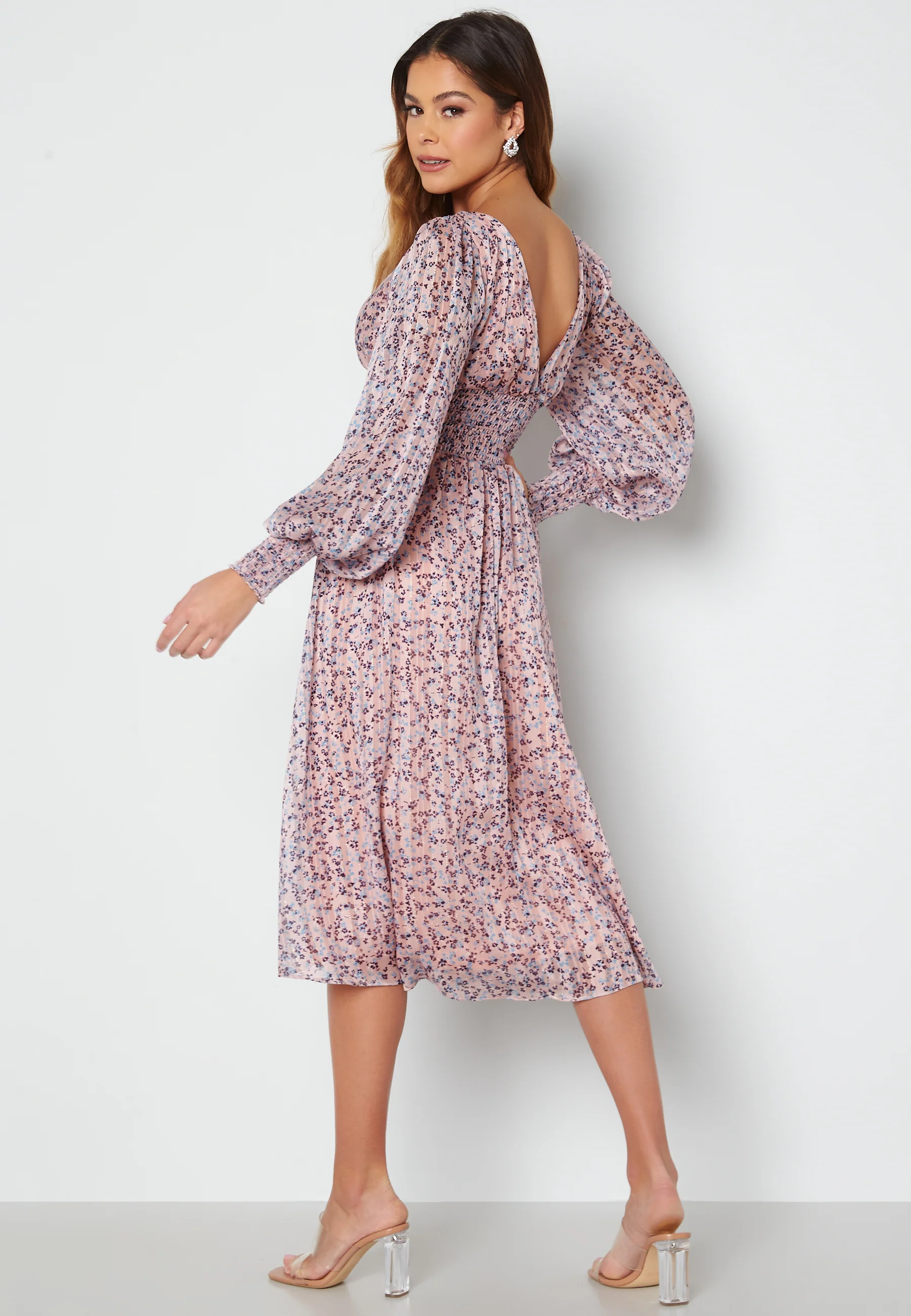 Ditsy Long Sleeve Shirred Midi Dress - Image 2