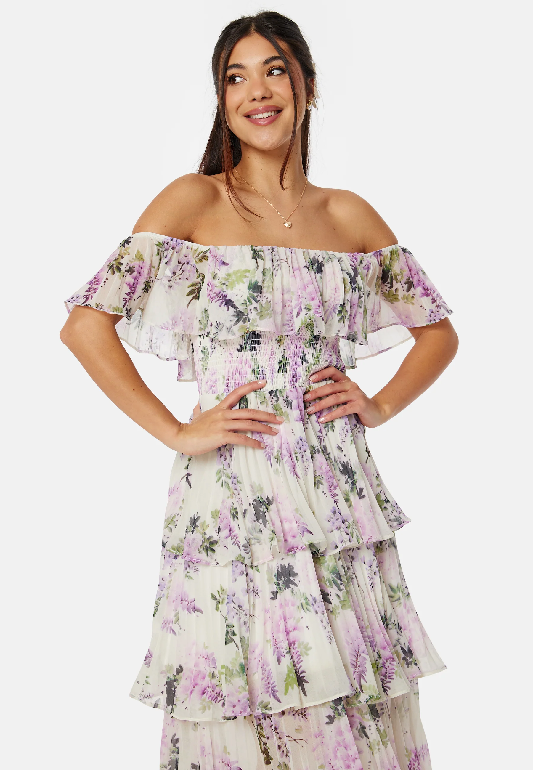 Floral Bardot Pleated Midi Dress - Image 3