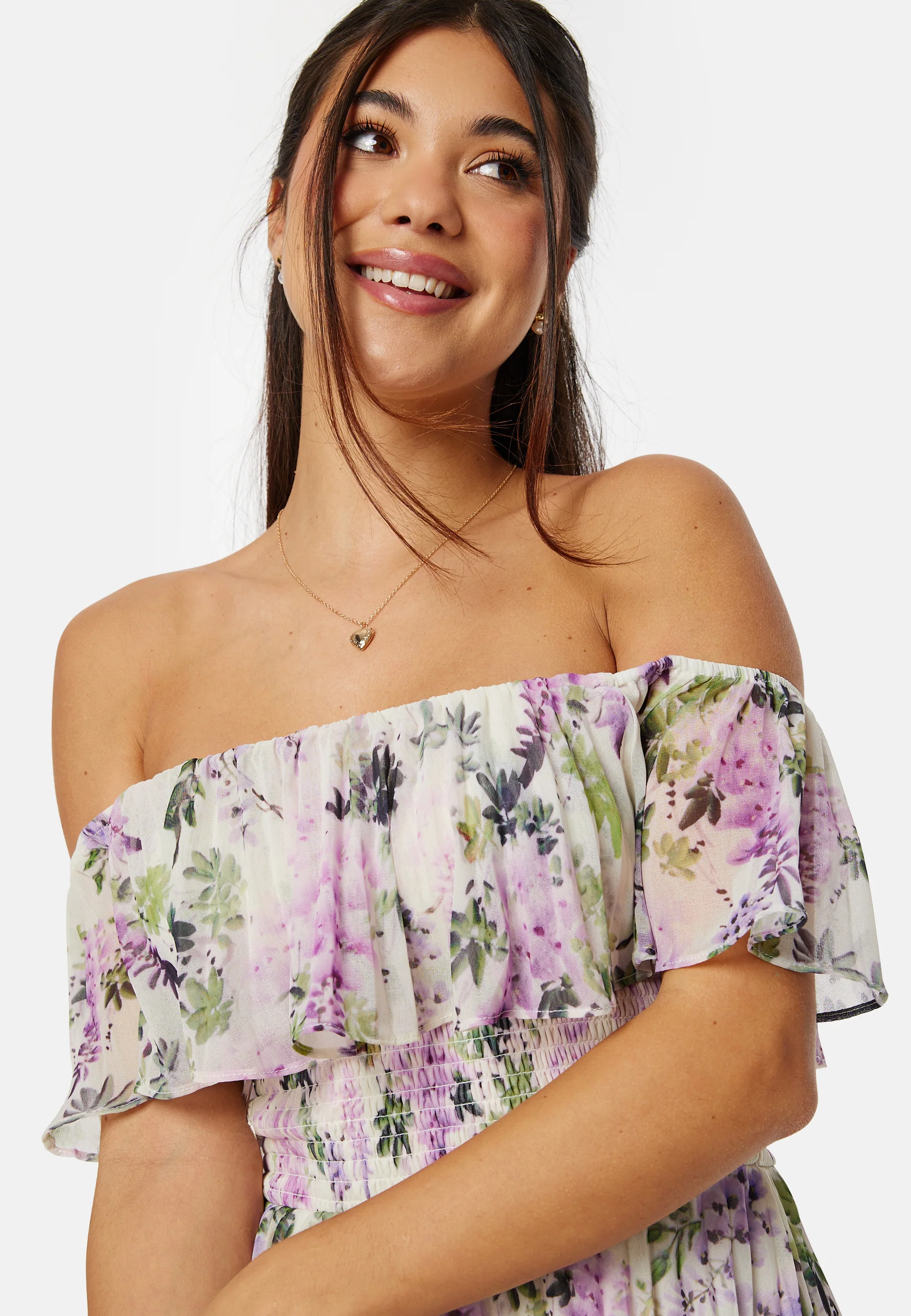 Floral Bardot Pleated Midi Dress - Image 4