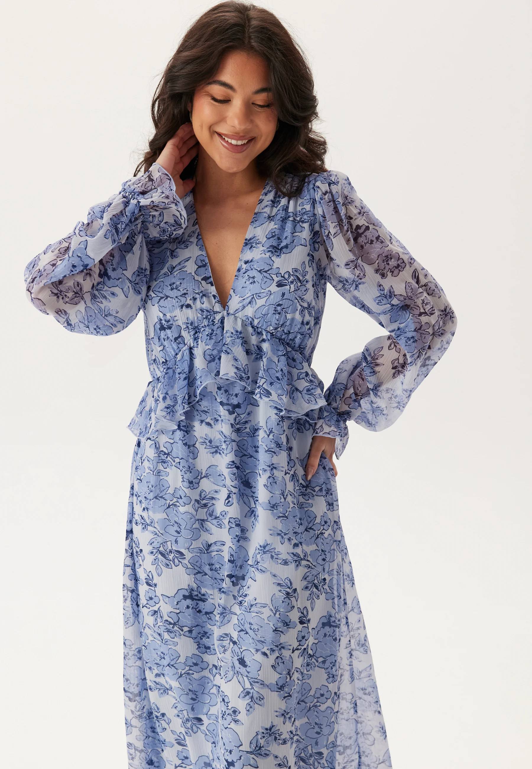 Frill L/S Chiffon Midi Dress - Image 4