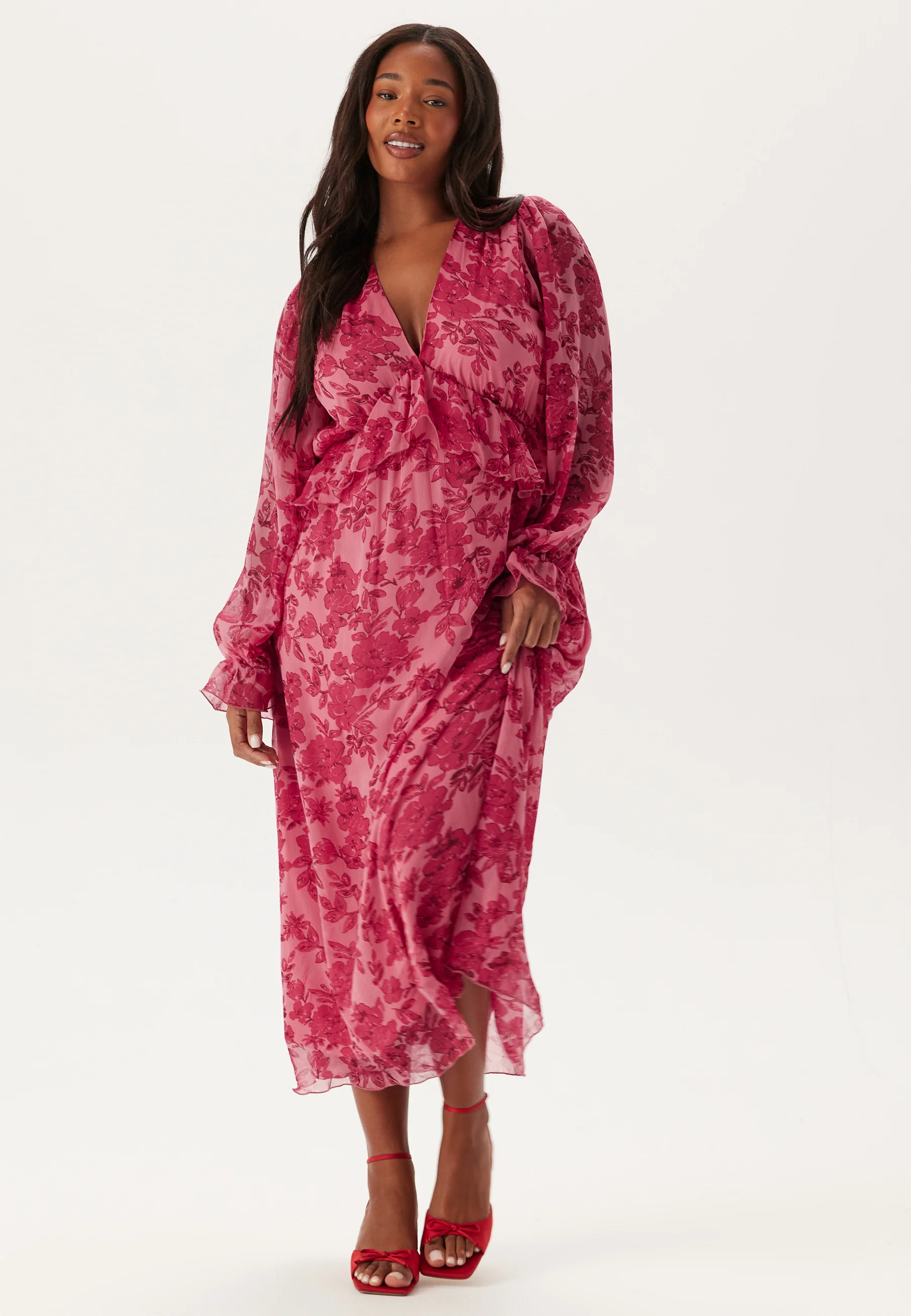 Frill L/S Chiffon Midi Dress - Image 5
