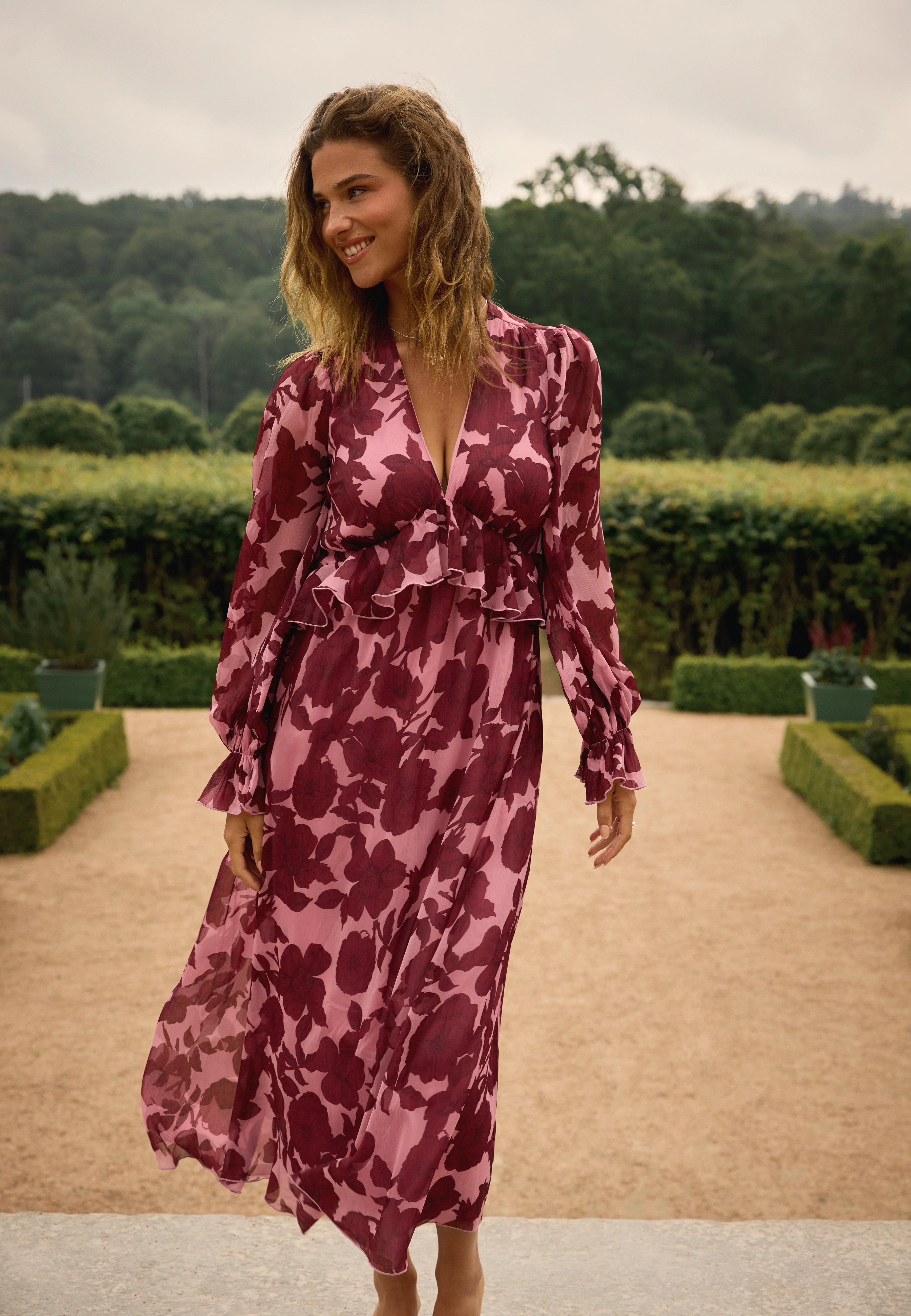 Frill L/S Chiffon Midi Dress - Image 3