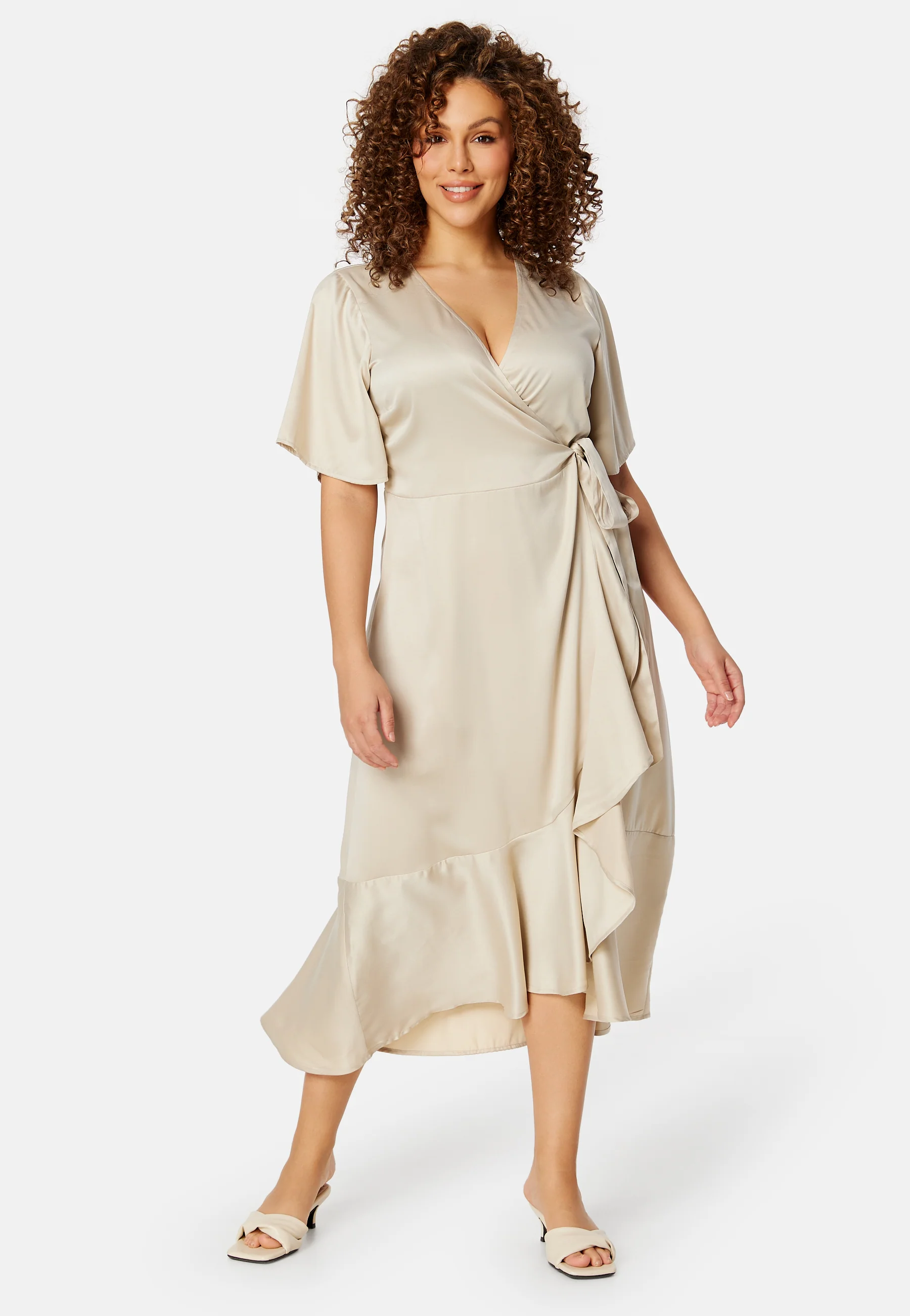 Frill Wrap Satin Midi Dress - Image 5