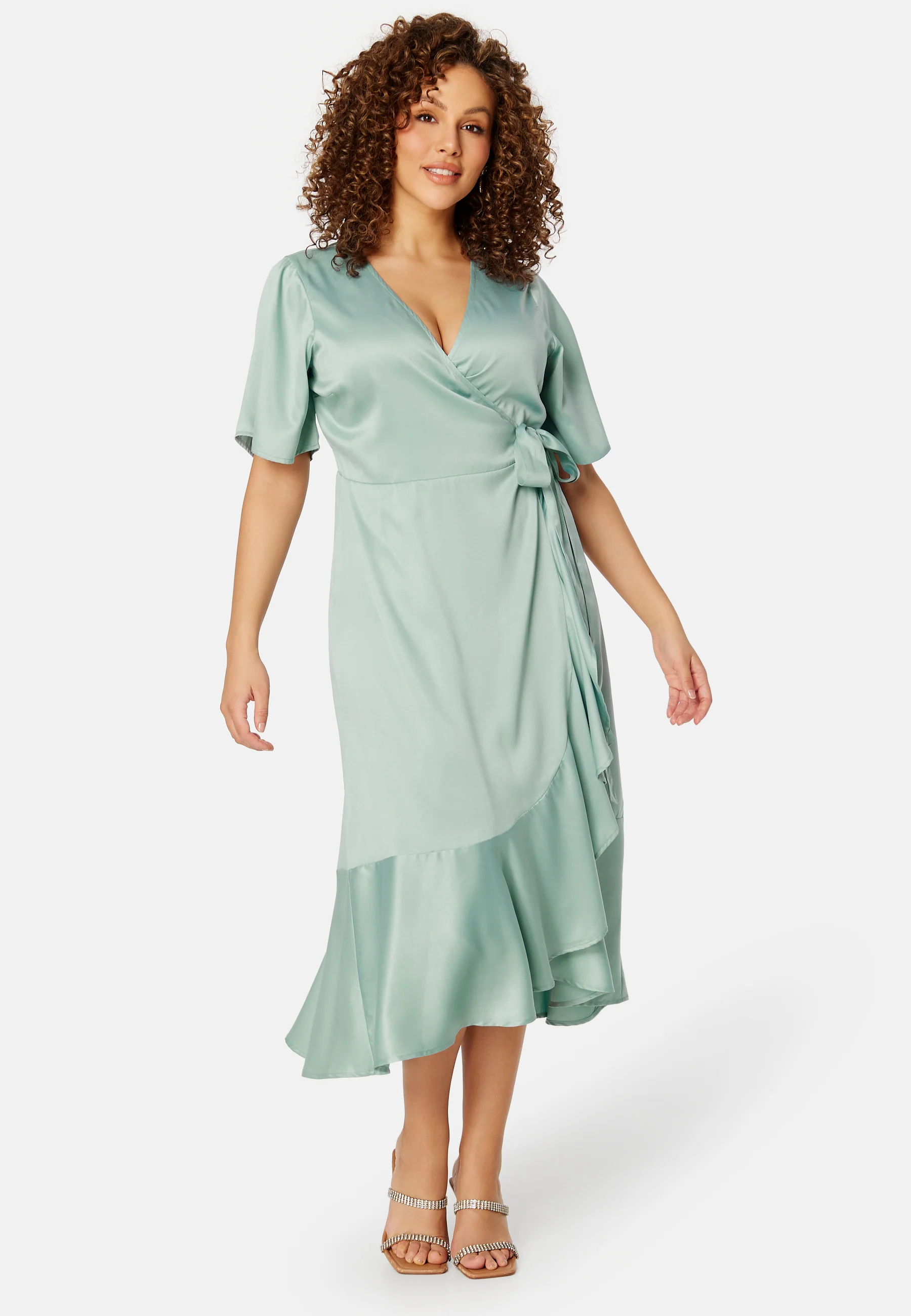 Frill Wrap Satin Midi Dress - Image 5