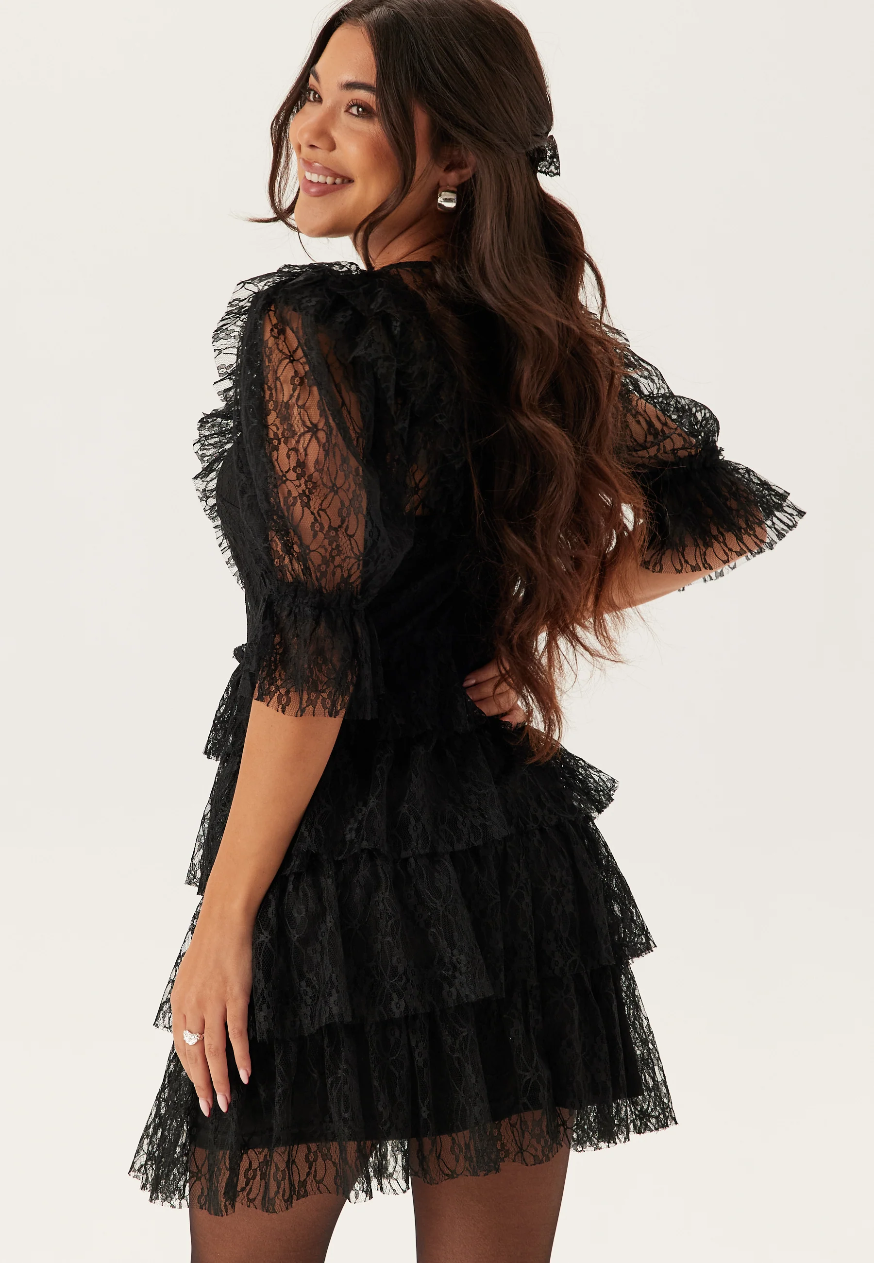 Lace Frill Puff Sleeve Dress - Image 2