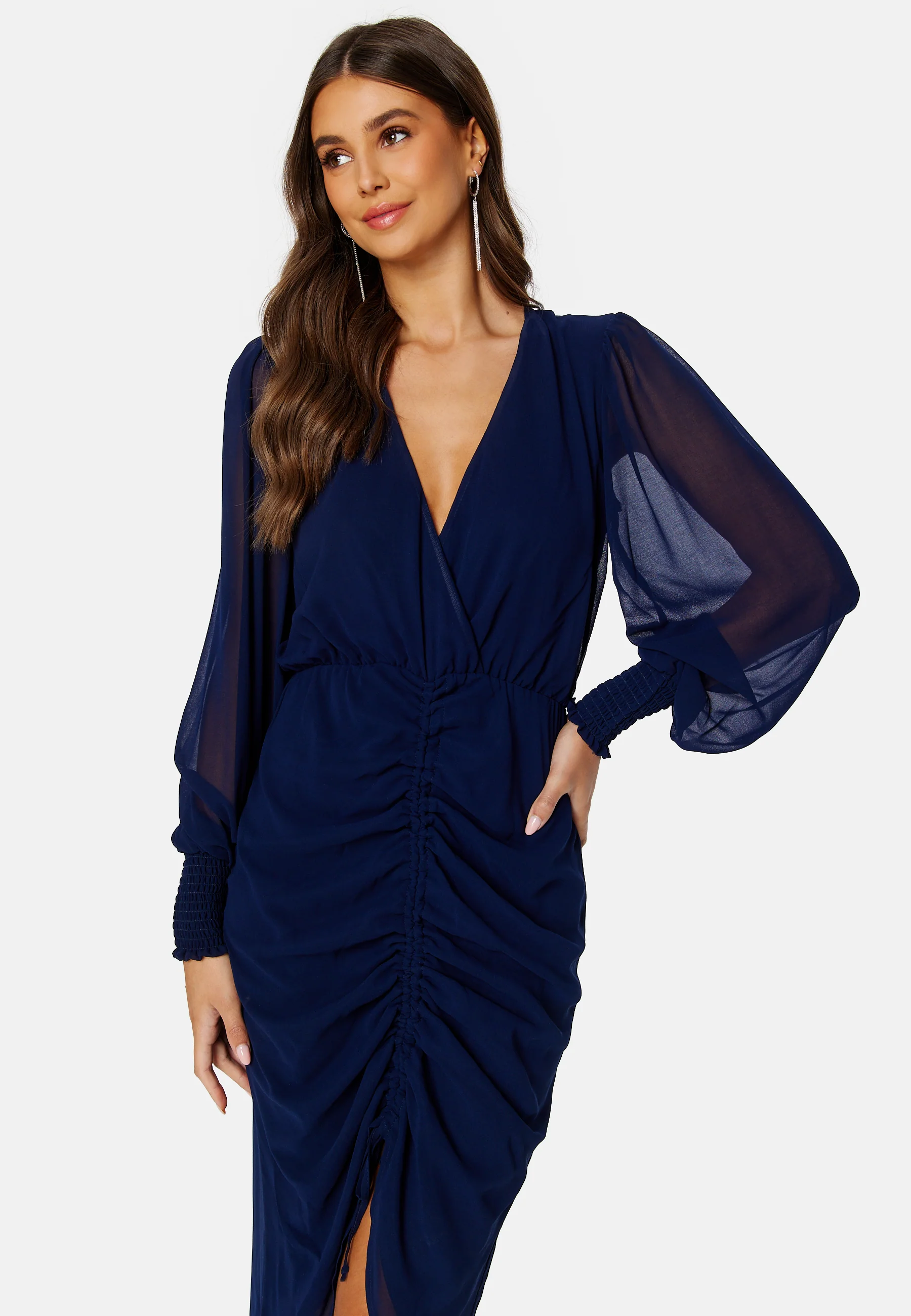 Long Sleeve Chiffon Rouched Midi Dress - Image 2
