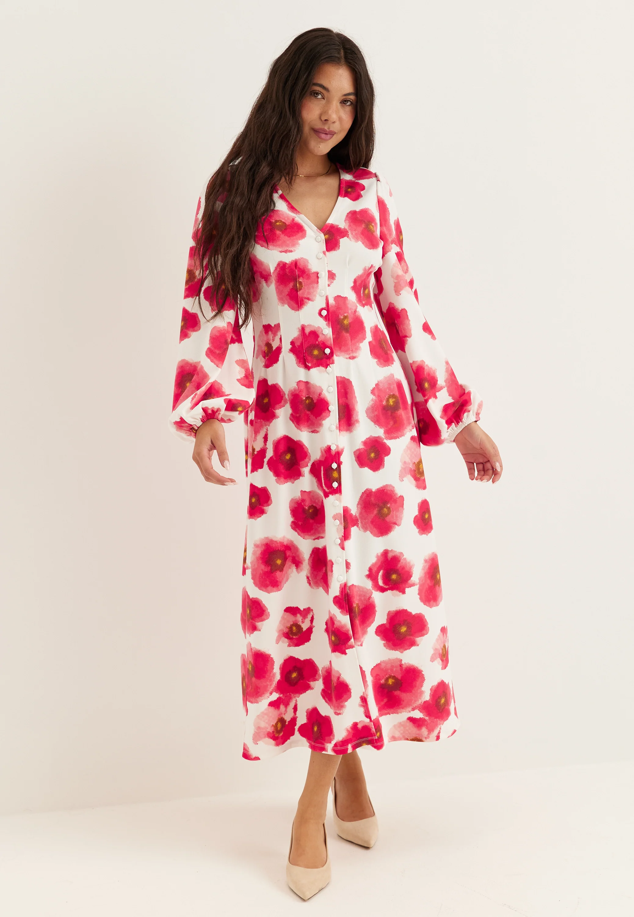 Midi Button Volume Sleeve Dress - Image 2
