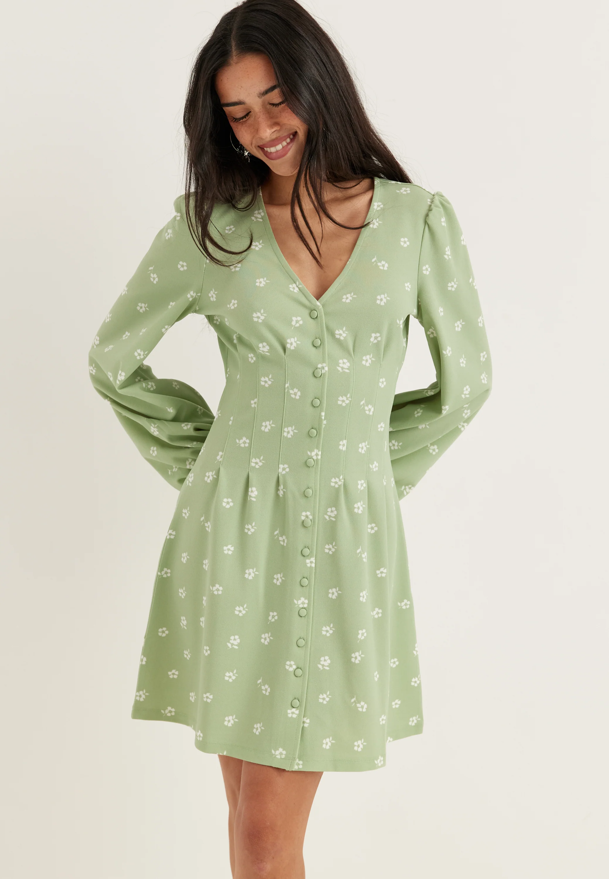 Mini Button Volume Sleeve Dress - Image 2