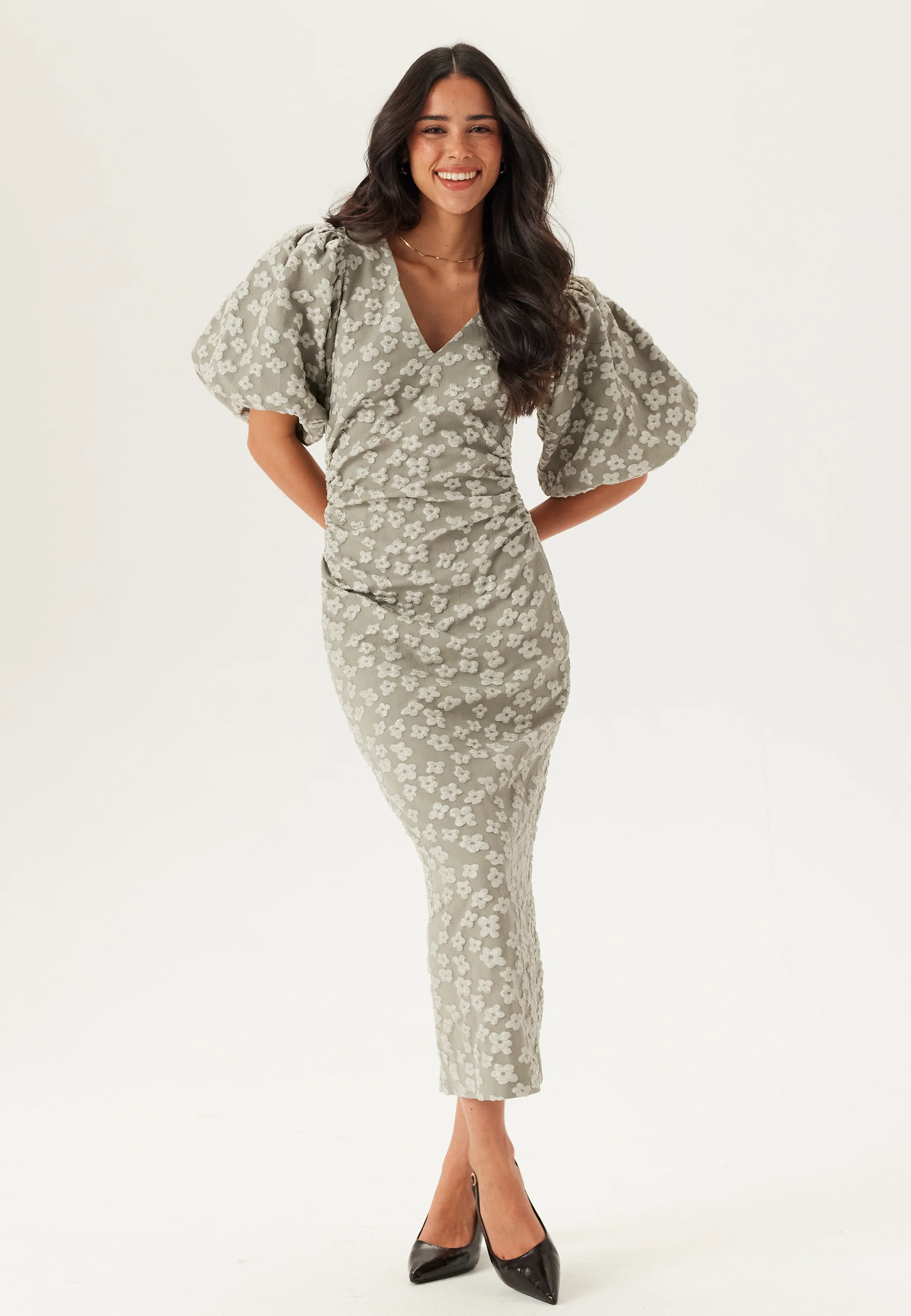 Puff Sleeve Jacquard Midi Dress - Image 2
