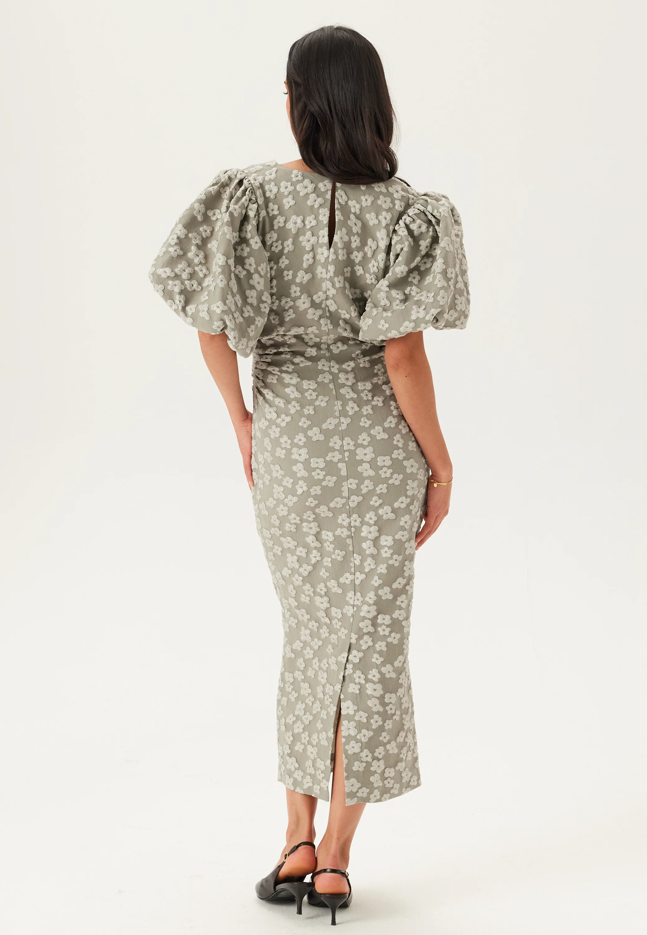 Puff Sleeve Jacquard Midi Dress - Image 5