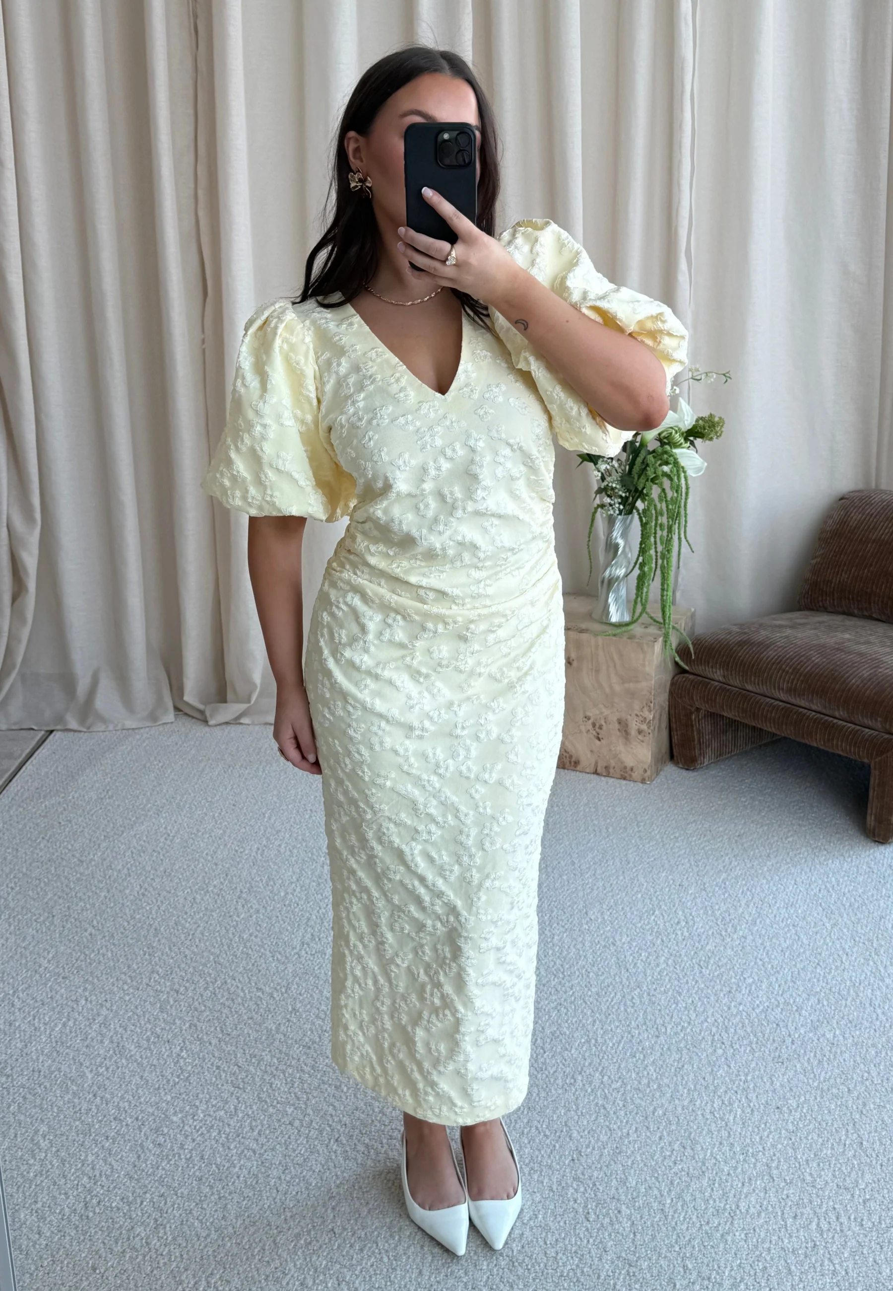 Puff Sleeve Jacquard Midi Dress - Image 8