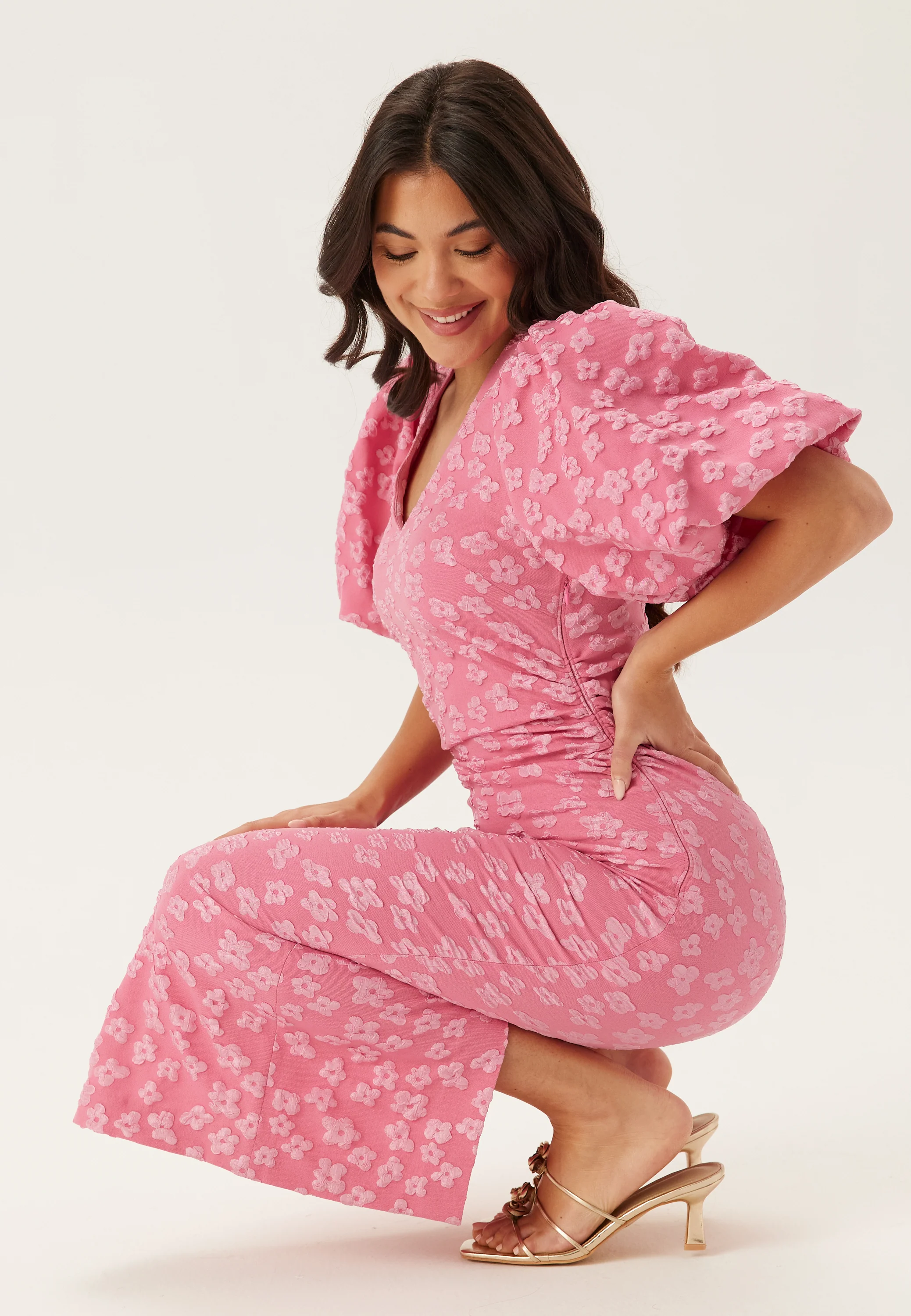 Puff Sleeve Jacquard Midi Dress - Image 6