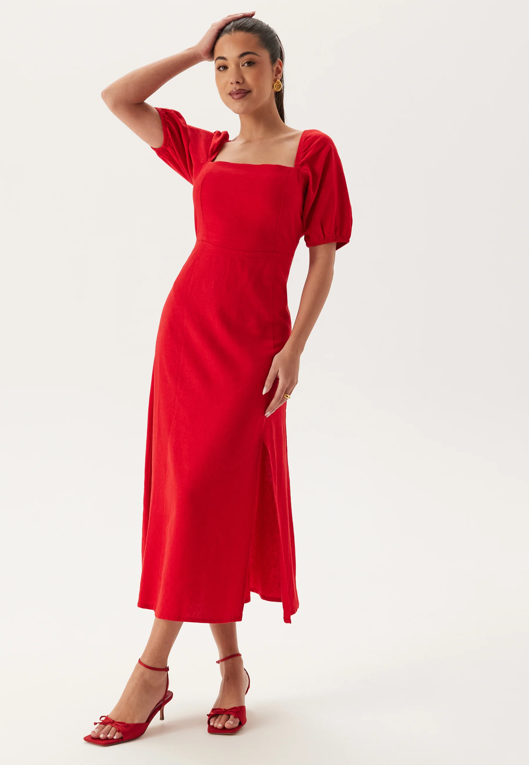 Puff Sleeve Linen Blend Dress - Image 2