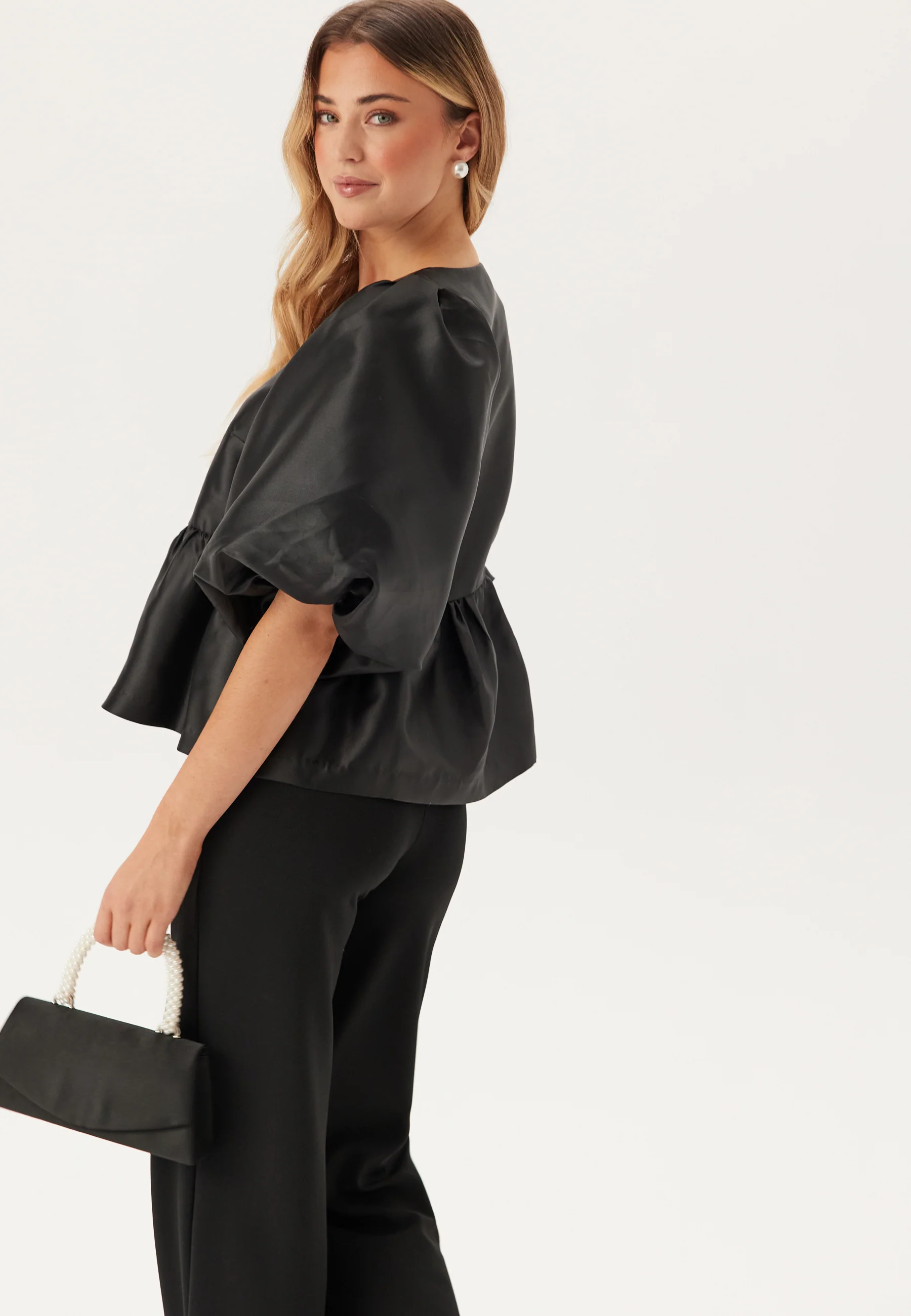 Puff Sleeve Peplum Satin Blouse - Image 2