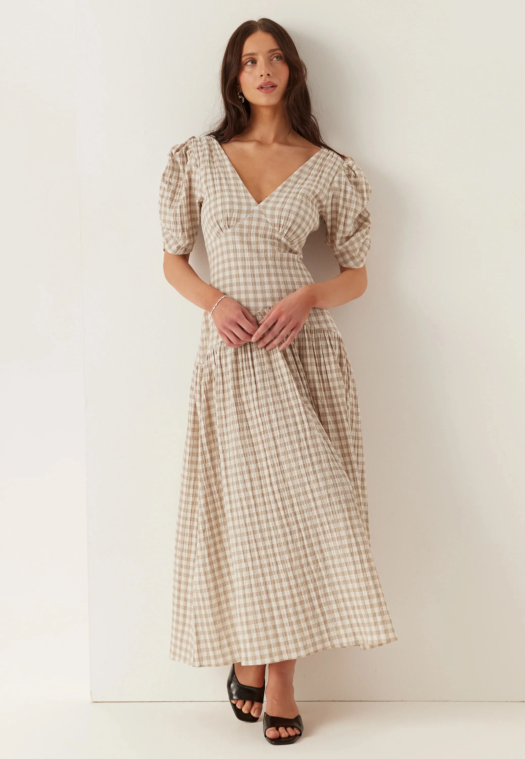Ruched Puff Sleeve Ankle Dress - Image 2