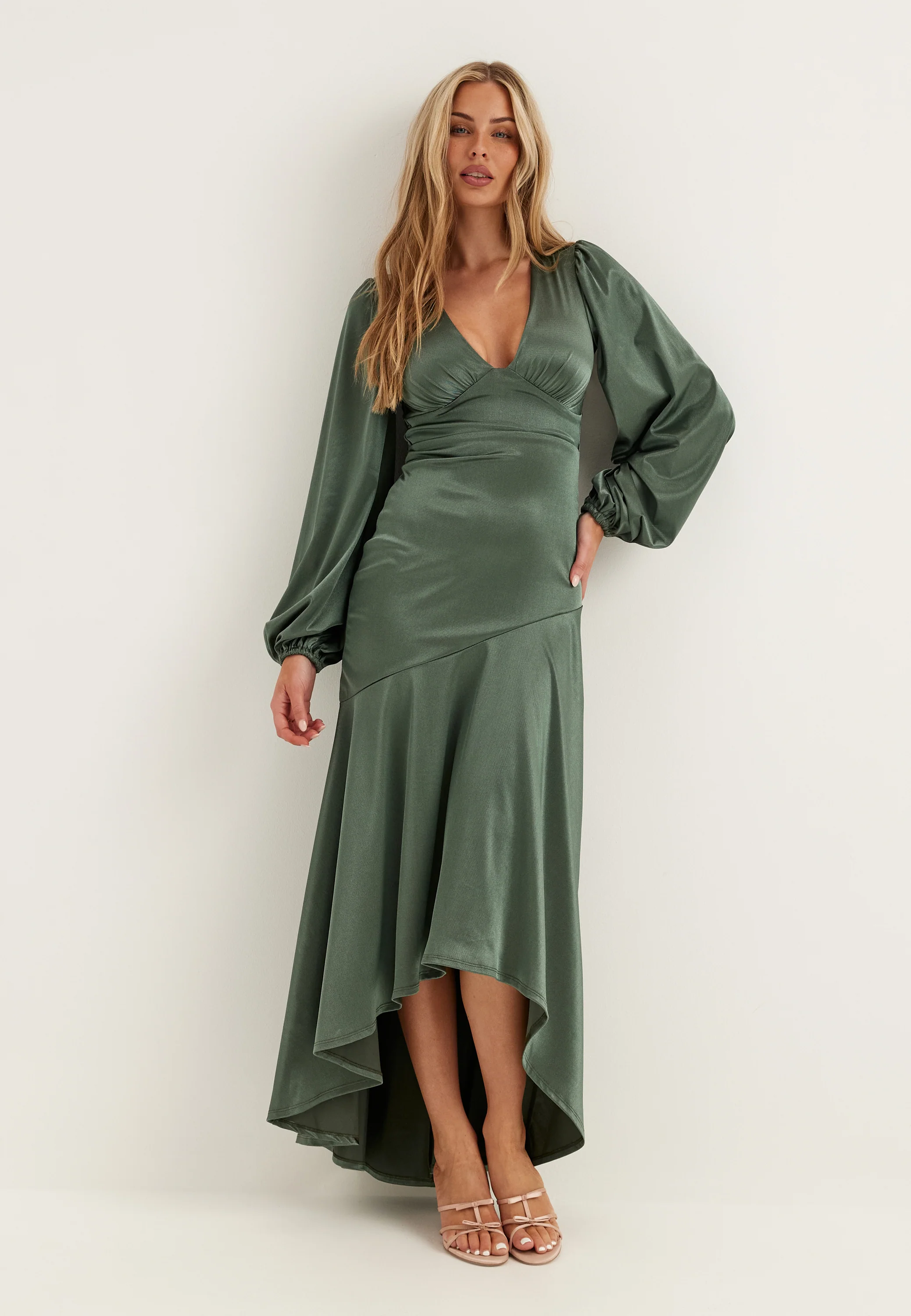 Satin Balloon Sleeve High Low