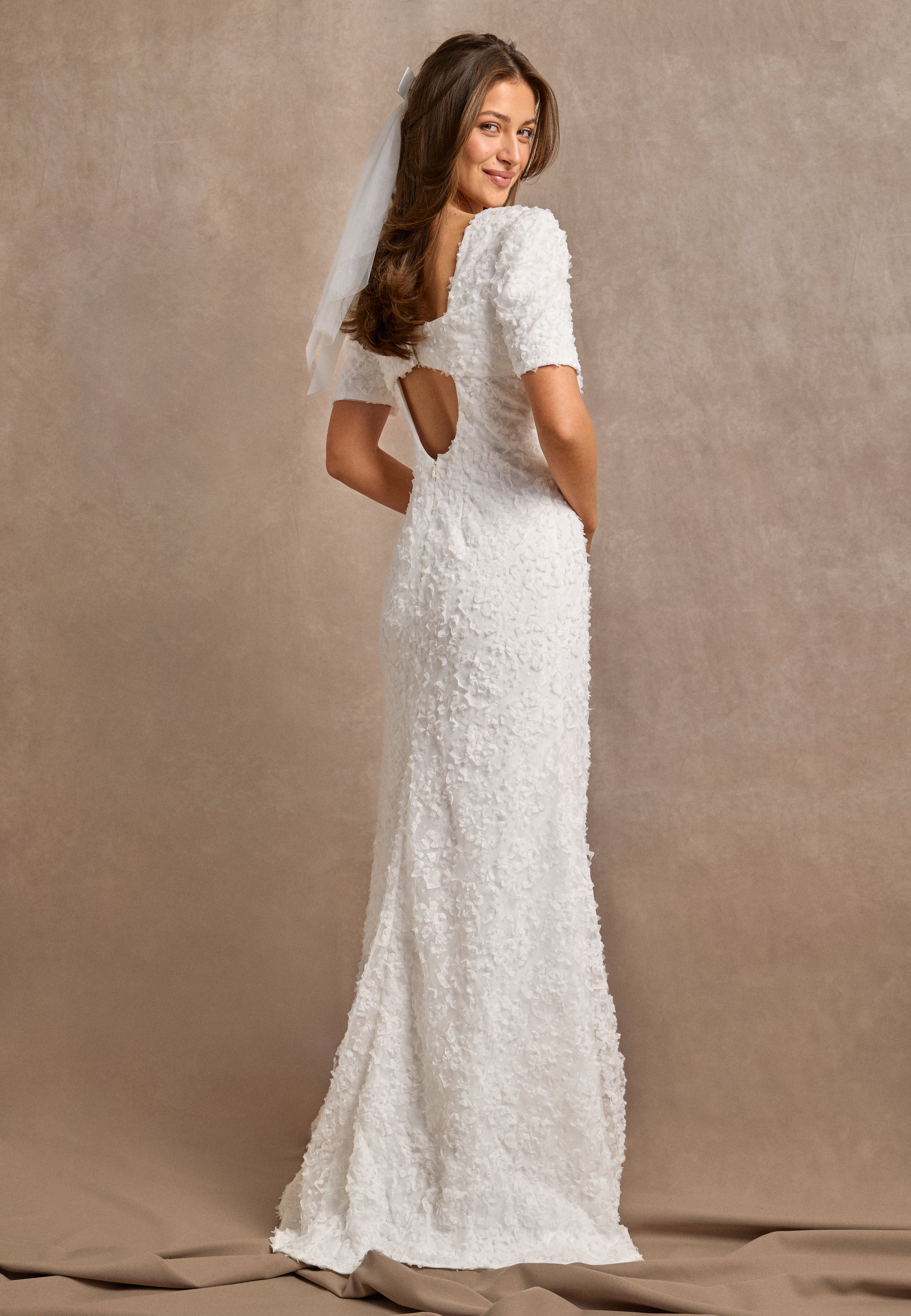 Short Sleeve 3D Floral Wedding Gown - Image 6