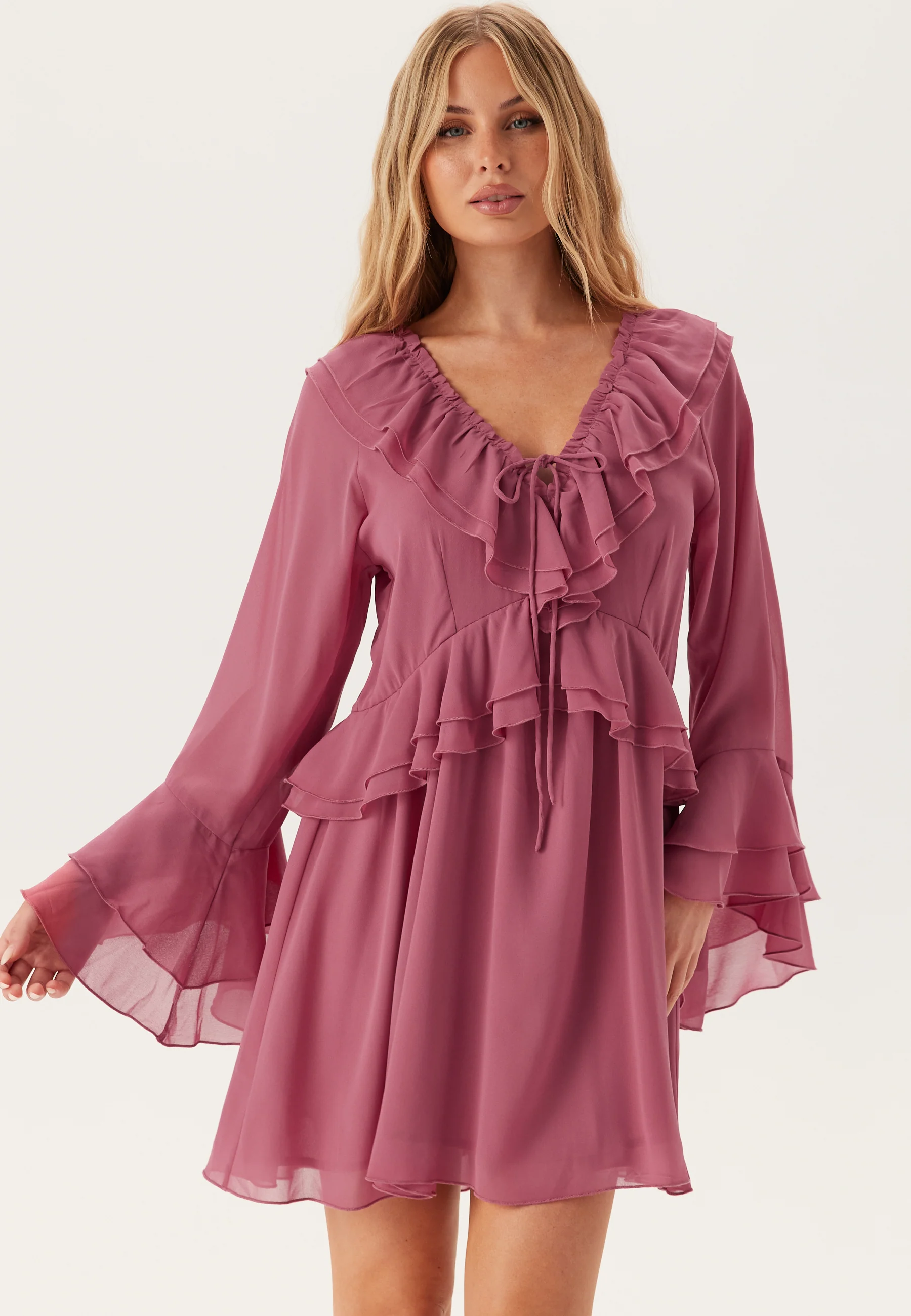 Trumpet Sleeve Frill Short Dress - Image 4