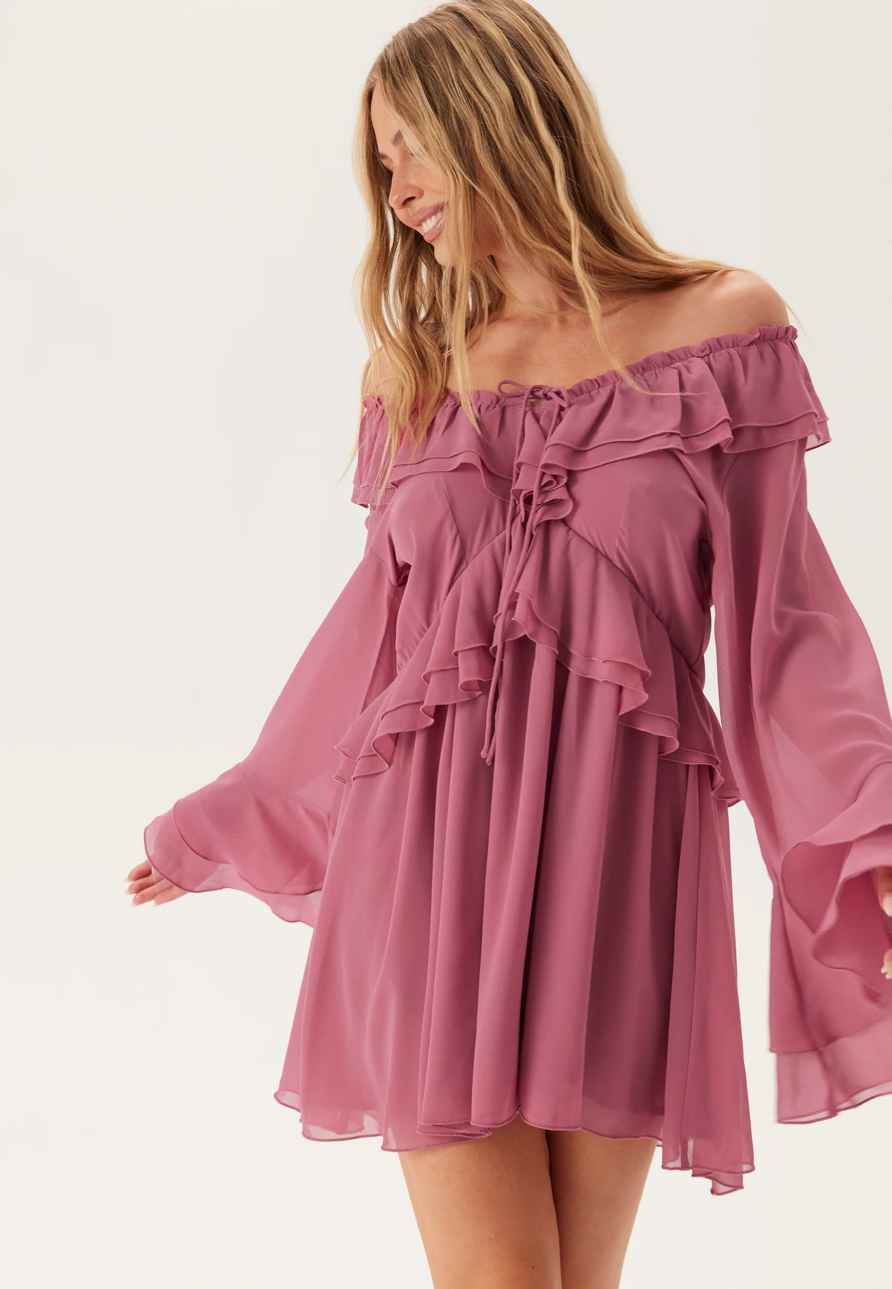 Trumpet Sleeve Frill Short Dress - Image 7