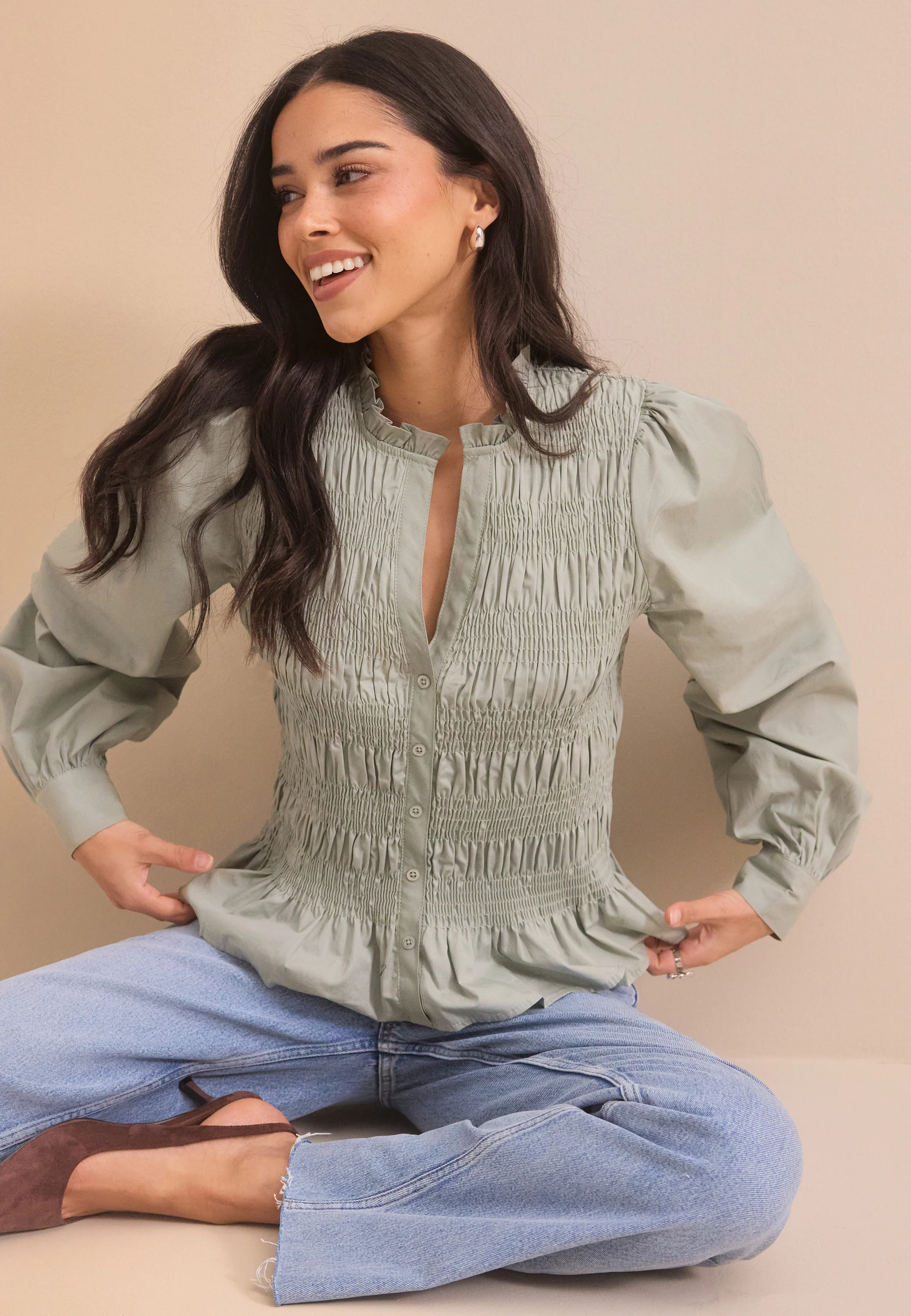 V-neck Cotton Smock Blouse - Image 3