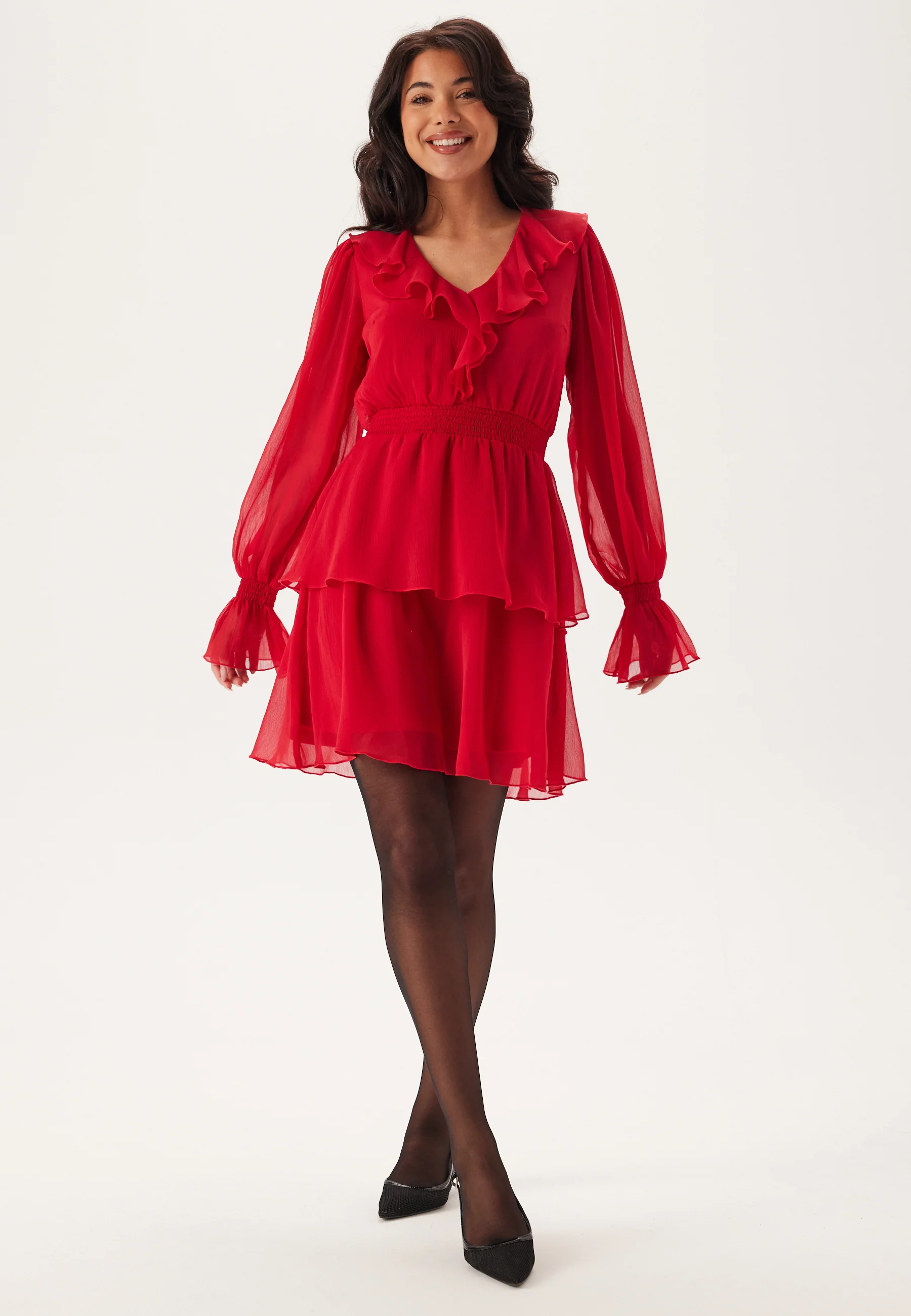 V-neck Frill L/S Chiffon Dress - Image 4