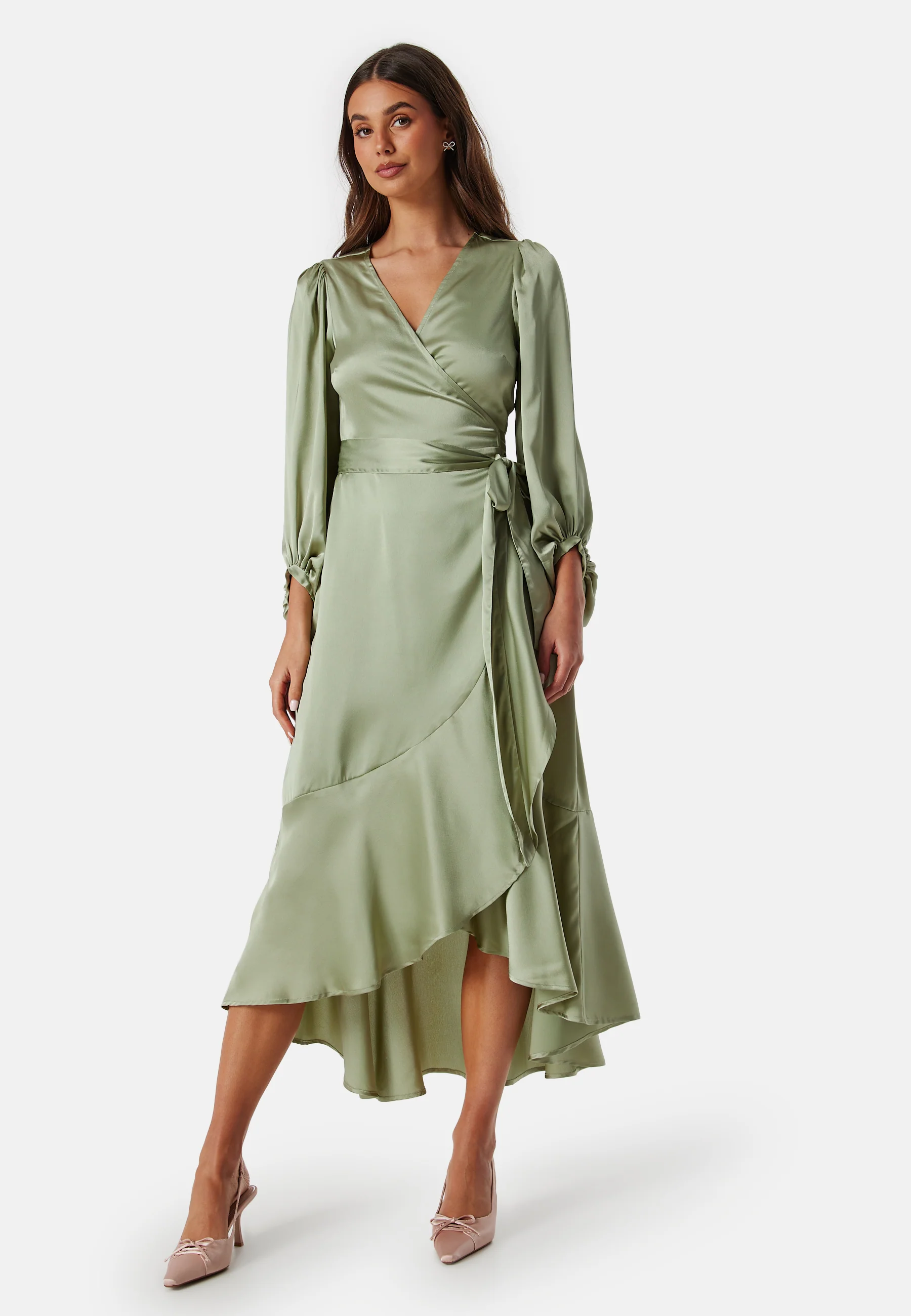 Wrap Frill L/S Satin Dress